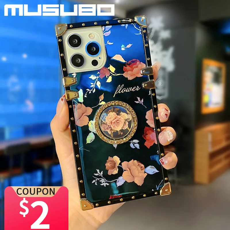 

Musubo Luxury Flowers Case For iPhone 14 13 Pro Max 12 Mas 11 XR Fundas Lanyard Cover For iPhone Xs X 8 Plus 7 Laser Coque Capa