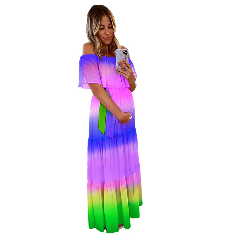 

Summer Tie-dyed Printed Maternity Maxi Dress Women Plus Size Mother Loose Sexy Off the Shoulder Elegant Ladies Long Dresses XXL
