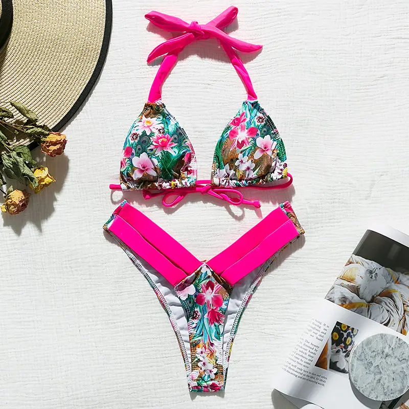 Leopard brazilian bikini Push up thong swimsuit female Halter high cut neon swimwear women bathing suit Micro sexy bikini - Цвет: Красный
