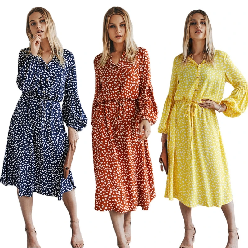 

Women Autumn Puff Long Sleeve Sexy V-Neck Midi Dress Dot Printed Button Front Drawstring Waist Belt Casual Loose Flowy A-Line Su
