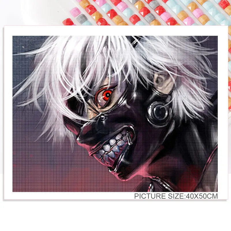 

Diamond Painting Anime A Man with Fangs Red Eyes and White Hair with A Black Mask A Man with Big Colored Wing Home Decor Poster