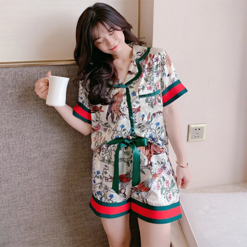 

2PC Summer Sleepwear Set Short Sleeve Female Pijamas Women's Pajamas Nightwear Silk Satin Printing Pyjamas Suit
