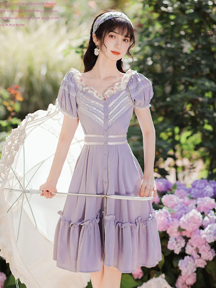 

Summer New Women's Japanese Pastoral Girl Lolita Puff Sleeve Mid-Length Dress Bohemia Travel Vacation Beach Purple Dress