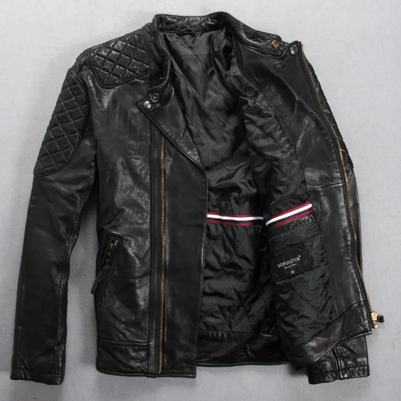 

stand collar fashion criss cross slim sheepskin coat brown Oblique zipper Korea japan genuine leather jacket men black