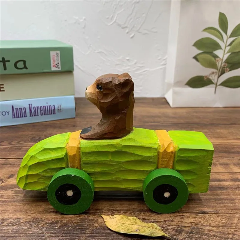 Simulation Model Wooden Children's Educational Toy Trolley Cute Animal Car Children's Room Desktop Decoration Birthday Gift - Color: D