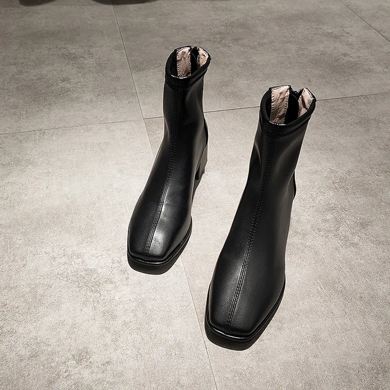 

Spring and autumn thick heel soft leather boots with versatile back zipper, short tube, comfortable and thin boots,