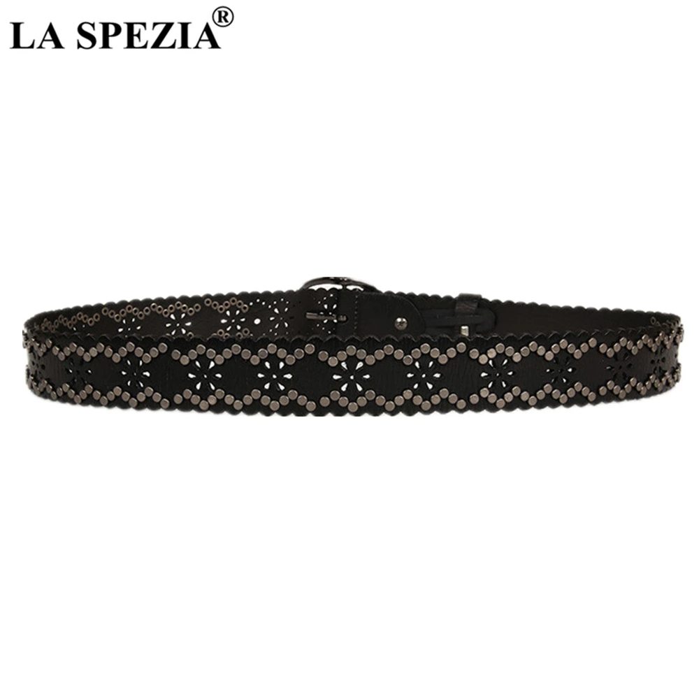 LA SPEZIA Rivet Belt Punk Real Leather Women Belt High Quality Buckle Black Coffee Hip Hop Ladies Rock Waist Belts 110cm 115cm