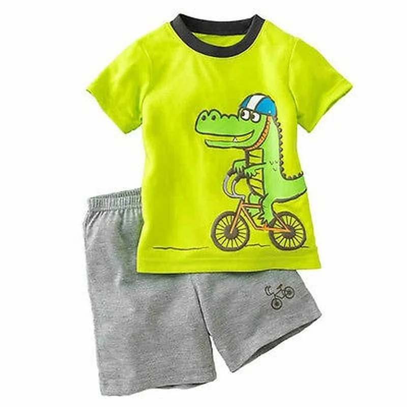 

Boys Summer Short Sleeve Suit Cute Cartoon Print Round Neck Green T-shirt Casual Loose Grey Shorts Fashion Sports Two Piece Set