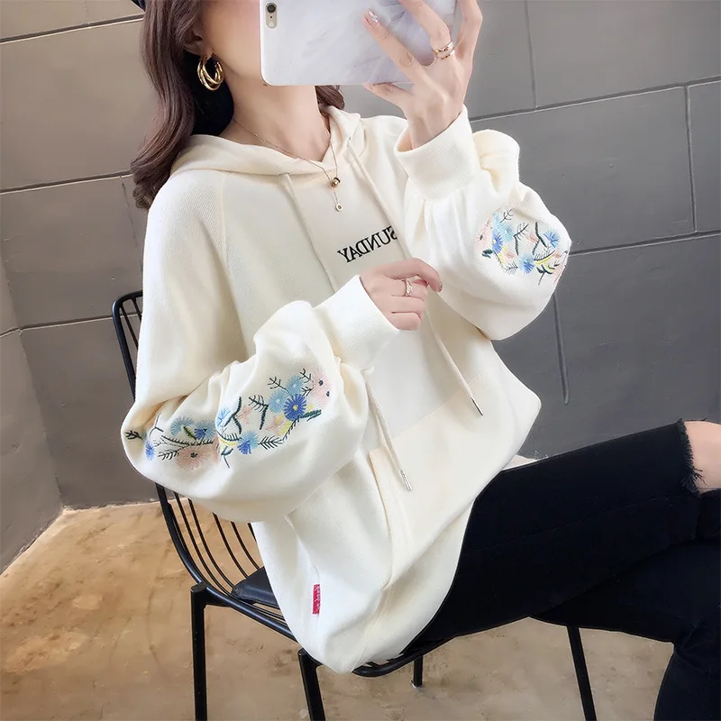 

Casual Hoody Loose Fleece Thick Embroidery Sweatshirt Top Long Sleeve Loose Oversized Hoodies Autumn Winter Women Plus Velvet