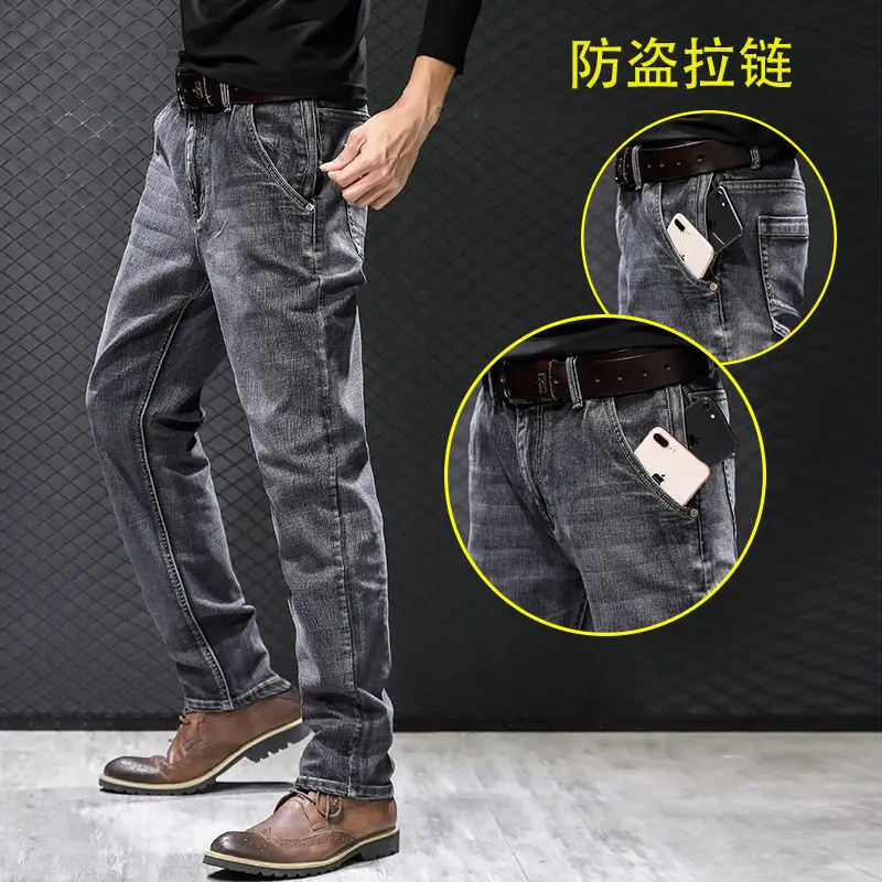 Thin Stretch Men Jeans Multi-Pocket Anti-Theft Zipper Plus Size Loose Straight Trousers High Waist Male Oversized Denim Pants 46