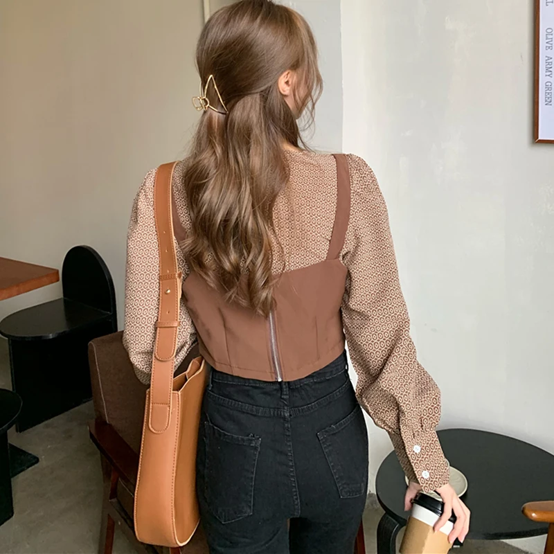 

Korean Two Piece Blouse Women Long Puff Sleeve Blouses Ladies Tops Summer Autumn Vintage Vest and Shirts blusas mujer
