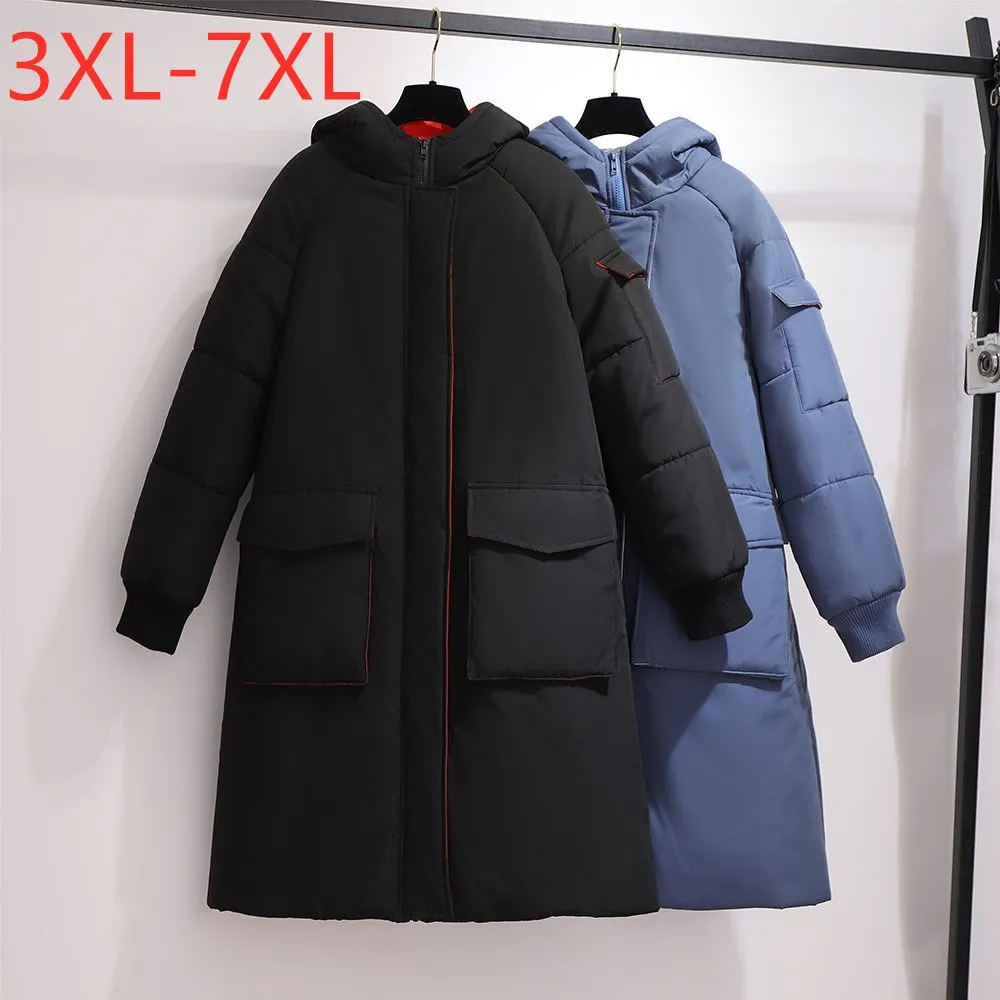 New 2021 Winter Plus Size Women Clothing Wadded Jacket Hoodie Large Long Sleeve Loose Black Thick Long Coat 3XL 4XL 5XL 6XL 7XL