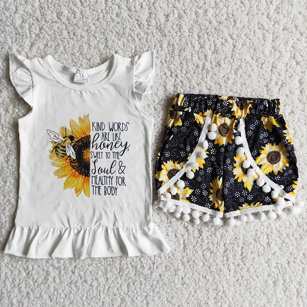 

Free Shiping Clothes White Short Sleeved Sunflower Shorts Set Children Clothing Set kids Girls Clothes Set