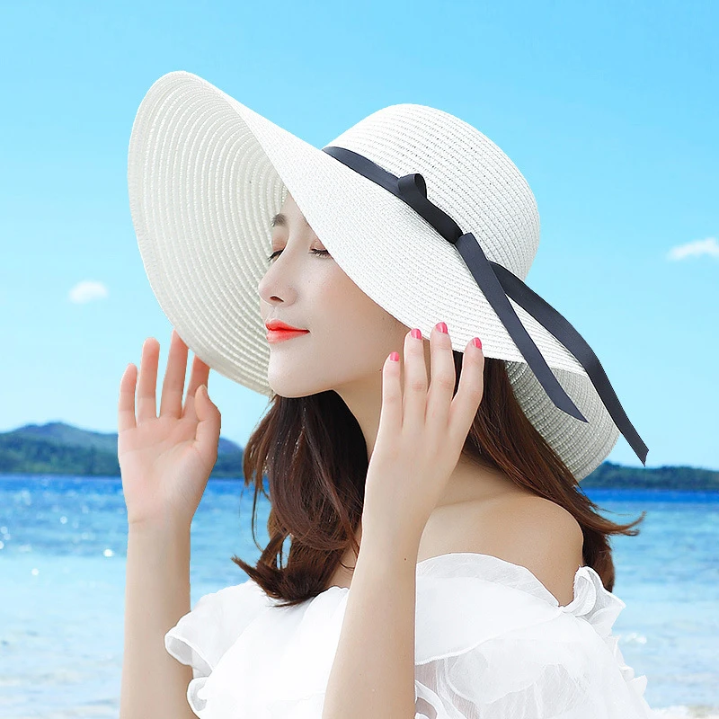 

New Fashion Straw Hat Female Wide Brim Sun Hat Ladies Solid Black Ribbon Bow Floppy Beach Hat Women Packable Summer Hat