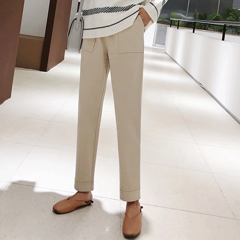 BGTEEVER Autumn Winter Thicken Pants Women Elastic Waist Pockets Woolen Female Pencil Pant Elegant Warm Trousers femme