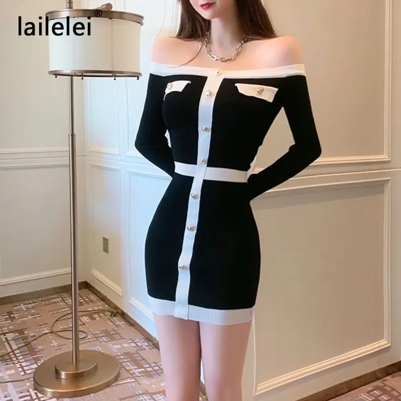 

Sexy Slash Neck Off shoulder Hit Color Button Thin Knitted Women Mini Dress Long Sleeve Wrap Party Vintage 2021 Female Vestidos