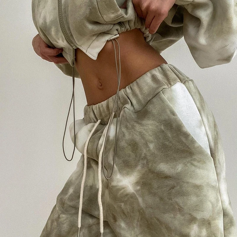 

IAMSURE Loose Tie Dye Printed Tracksuit Streetwear Pants Set Women Sporty Activewear 2 Piece Sets Cropped Sweatshirt Sweatpants