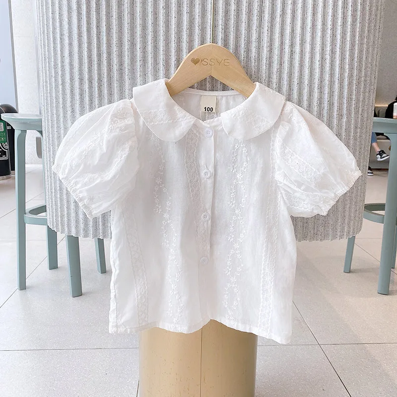 

Детская рубашка в 2021 году, новый летний корейский топ с короткими рукавами и воротником для девочек Прямая продажа с фабрики