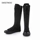 Новинка 2021, женские парусиновые ботинки, длинные ботинки на молнии, обувь на плоской подошве, Повседневные Удобные ботинки на шнуровке и молнии