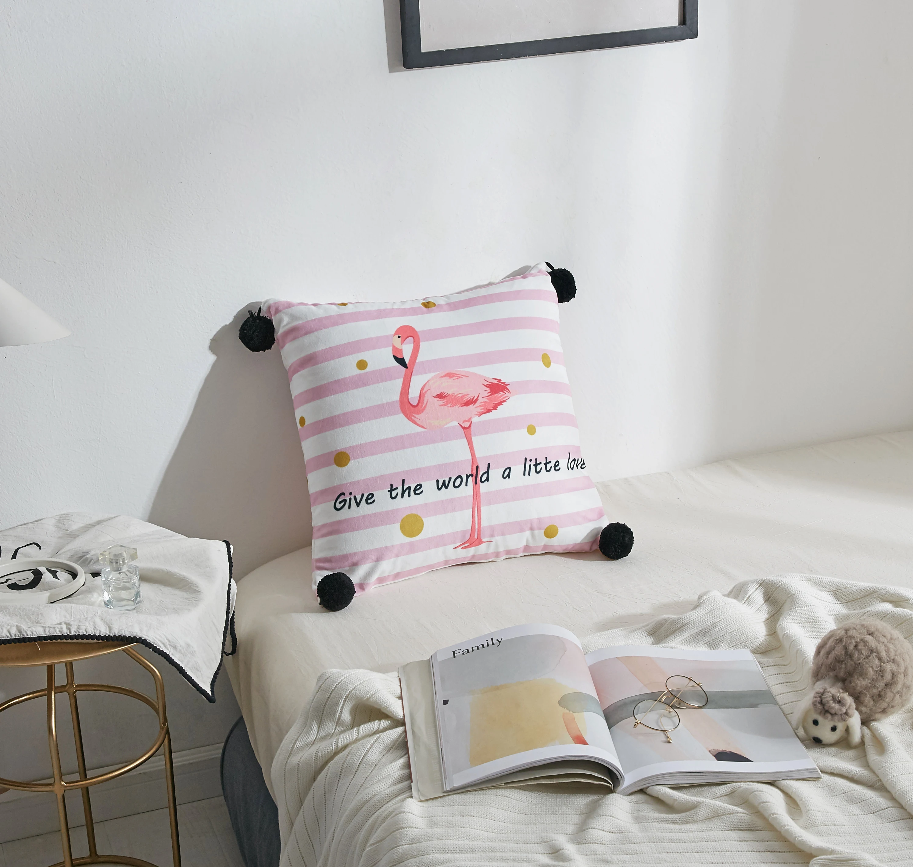 Фламинго квадратная подушка меховой шар Двусторонняя цифровая печать кристалл