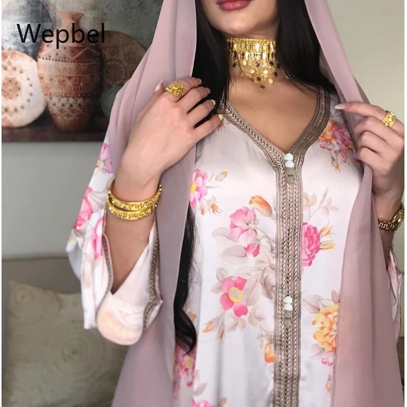 

Wepbel Abaya Loose Floral Printing Kaftan Printed Long Dress Women Muslim Dubai Muslim Ramadan Robe Long Sleeve Robe Dress