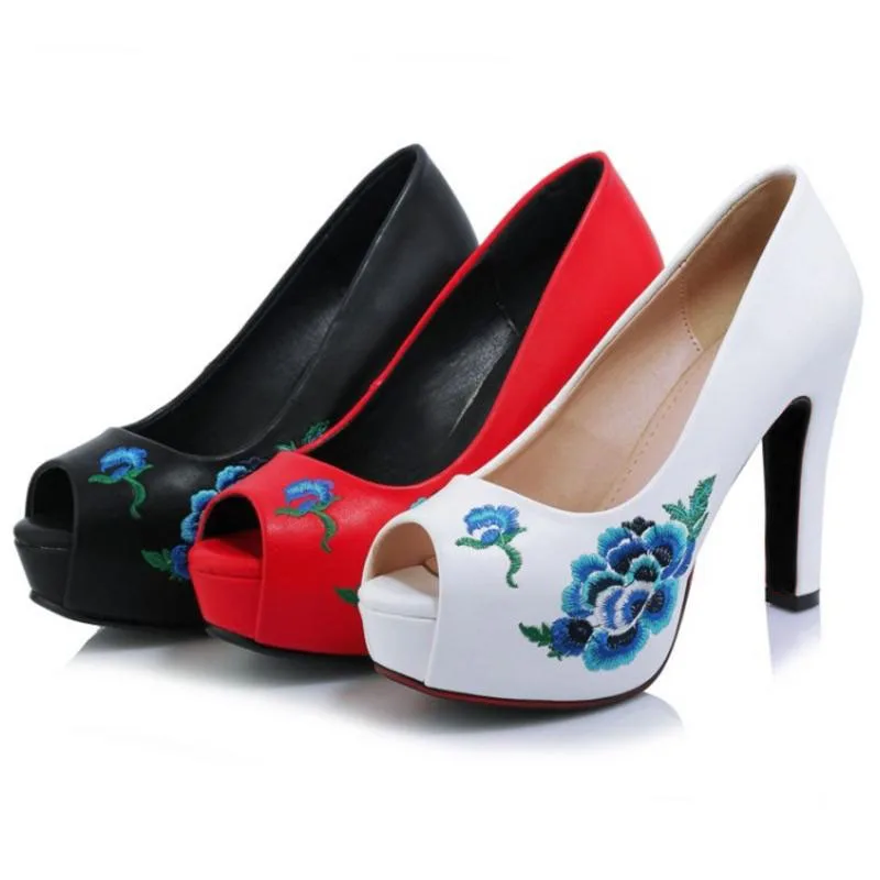 

Coolcept Women New Fashion Pumps Flowers Platform High Heel Shoes Women's Open Toe Office Lady Party Wedding Footwear Size 32-42