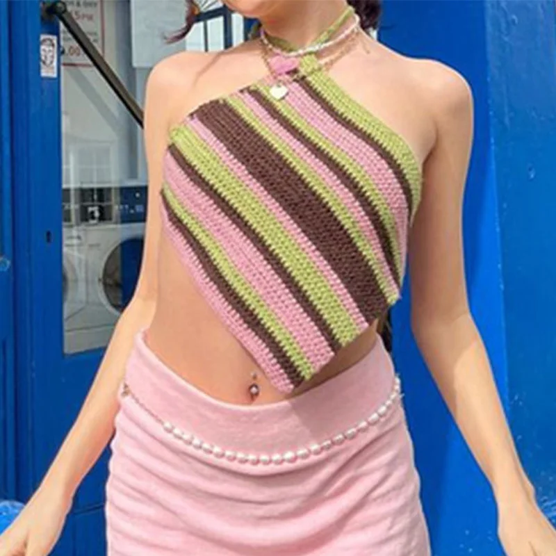 

Striped halter slip crochet women camis cropped tops patchwork sexy women's beach tanks 2021 summer fashion ladies tops for girl