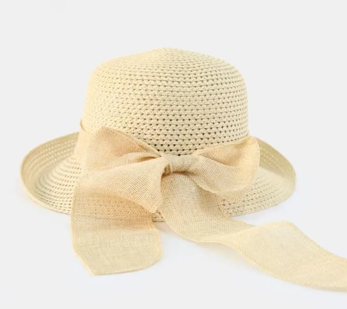 Шляпа женская Соломенная с бантом модная Панама лентой и плоским верхом Пляжная