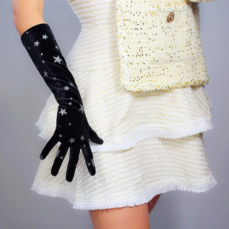 

Ladies Female Elegant Velvet Gloves Evening Dress Party Elastic Stretchy Women Spectial Occastion Finger Gloves One Size ST348