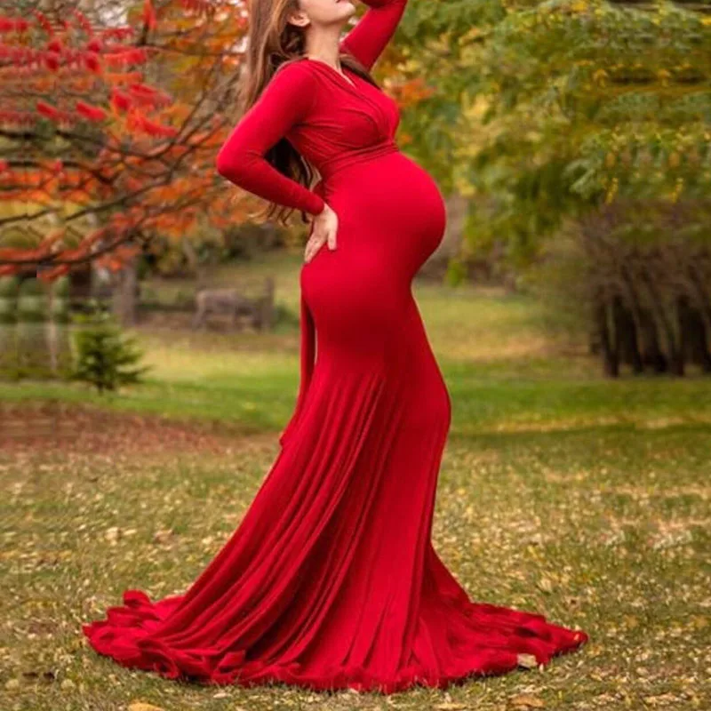

Long Sleeve Maternity Maxi Gowns Dresses for PhotoShoot Sexy V Neck Pregnant Women Long Dress Pregnancy Baby Shower Dress Sashes