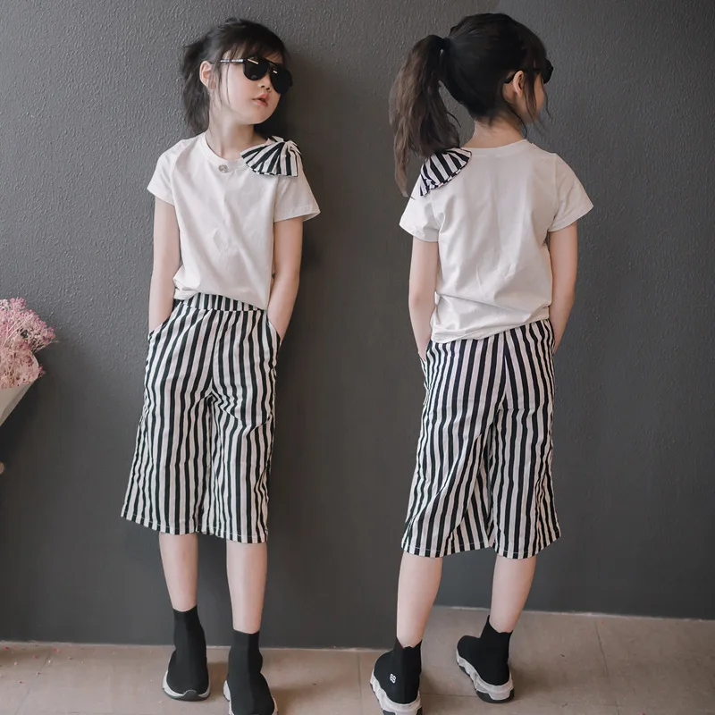 

Комплект летней одежды для девочек, новинка 2020 года, Модная хлопковая рубашка в полоску с широкими штанами для девочек-подростков, комплект ...