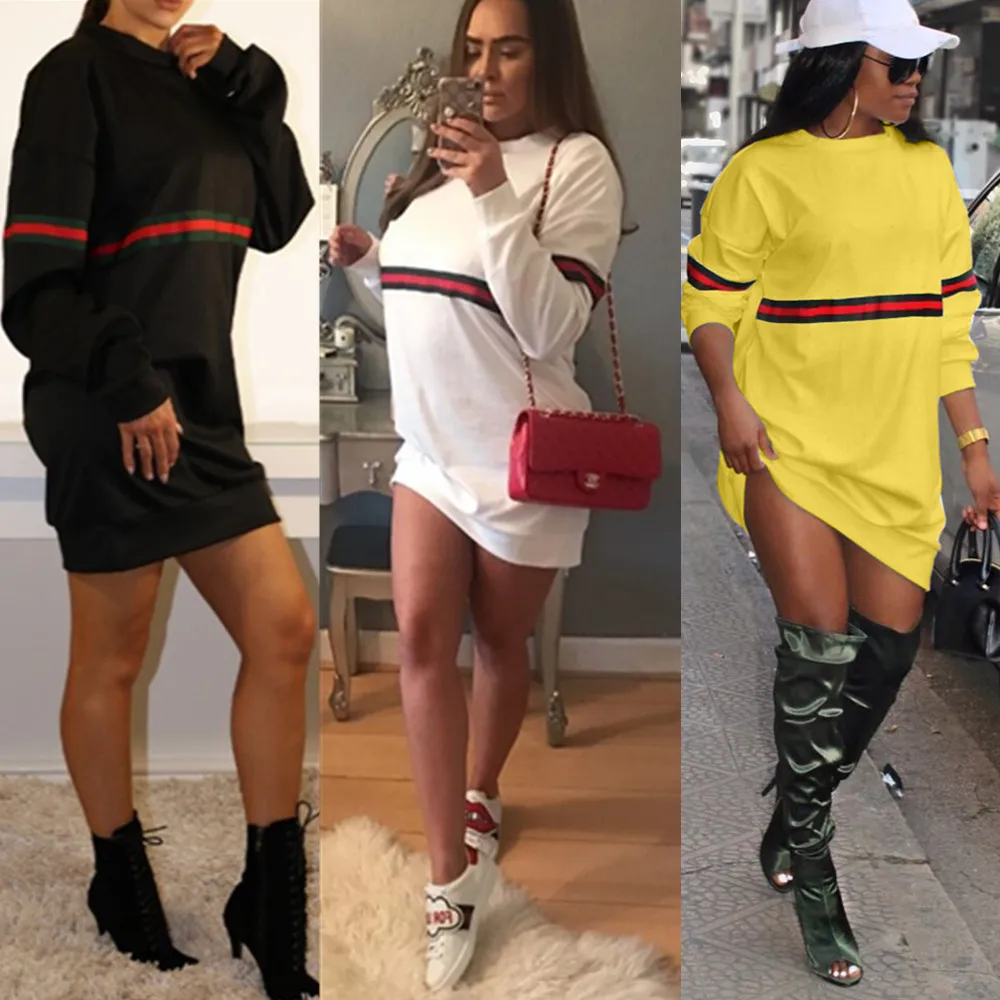 Женское платье свитшот в полоску с круглым вырезом и длинным рукавом|Женские