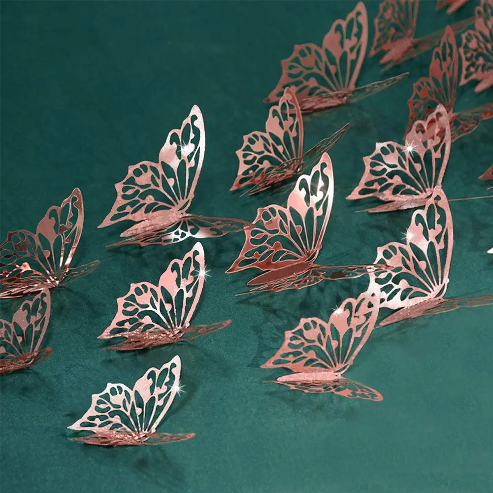 

48Pcs 3D Glitter Rose Gold Swallowtail Butterfly Wall Decal Removable Wedding Butterflies Wall Sticker Bedroom Cake Decorations