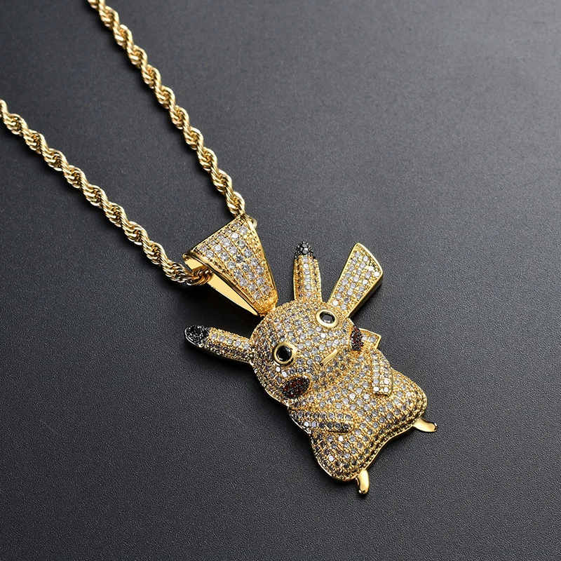 Хип хоп AAA CZ камень Bling Ice Out серебряный цвет мультфильм Пикачу кулоны ожерелья для