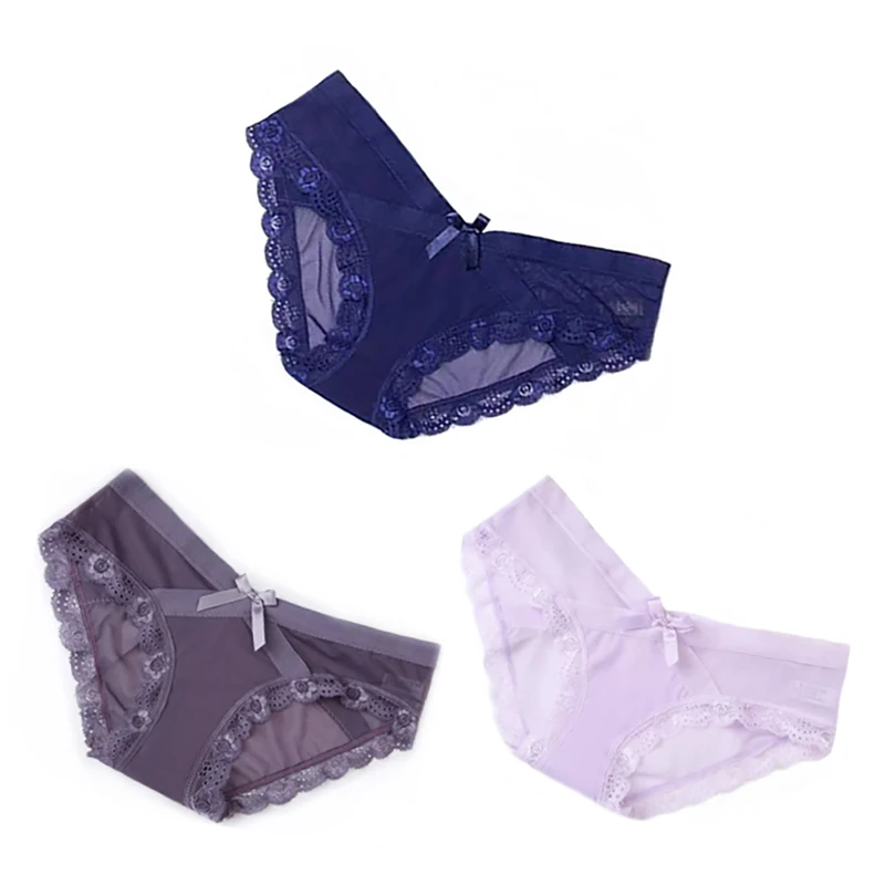 Purple Gray Blue 3 шт./компл. сексуальные кружевные женские трусики хлопковые белье прозрачные сетчатые трусы для девушек Красота лук с низкой посадкой, мужское нежнее бельё - Цвет: Purple Gray Blue