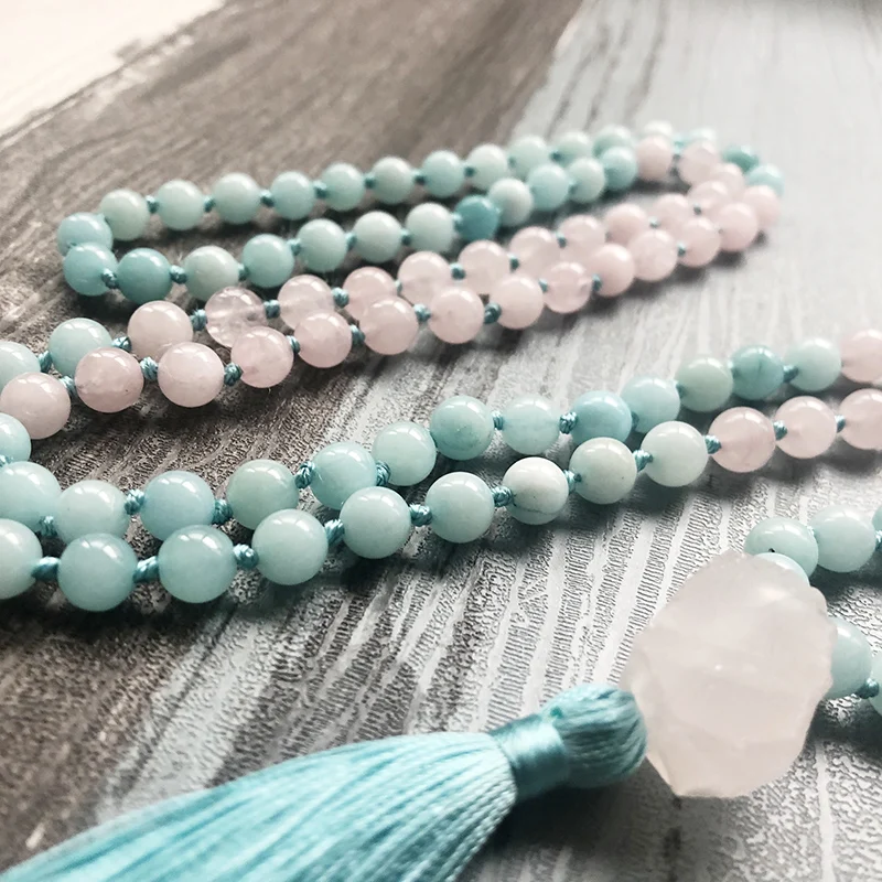 Raw Stone Pendant Mala Necklaces Rose Q-uartz& Amazonite Knotted Necklace 108 Mala Beads Tassel Necklace Womens Gift For Her