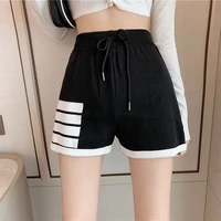 harteen elastic waist wide leg shorts for women loose thin all match casual sports knit striped fashionable high waist shorts