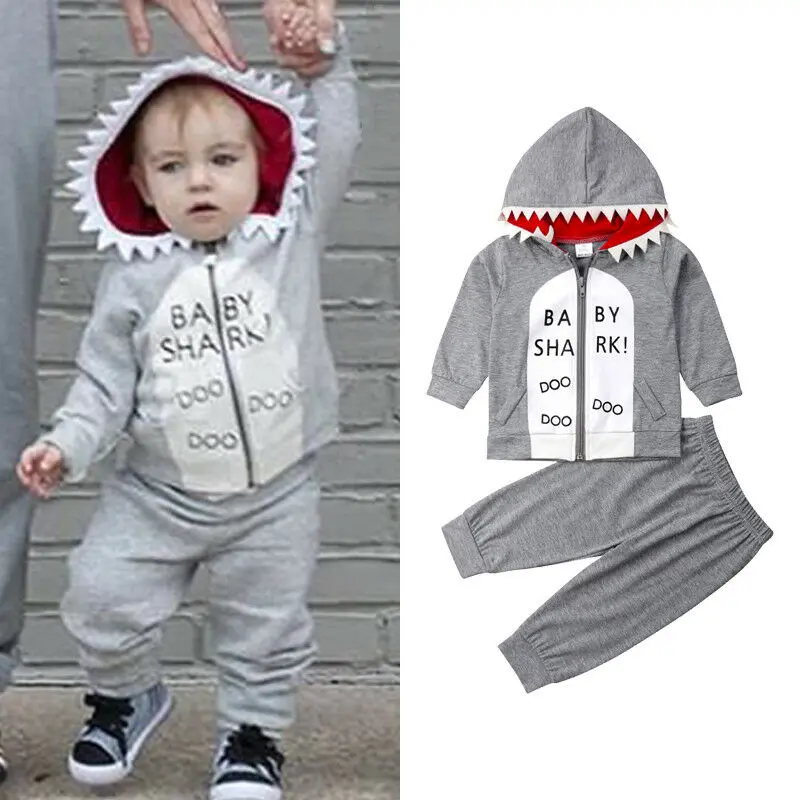 Fashion Toddler Kids Baby Boy Clothes Shark Zipper Hoodie Coat Tops Pants Gray 2Pcs Outfits Set