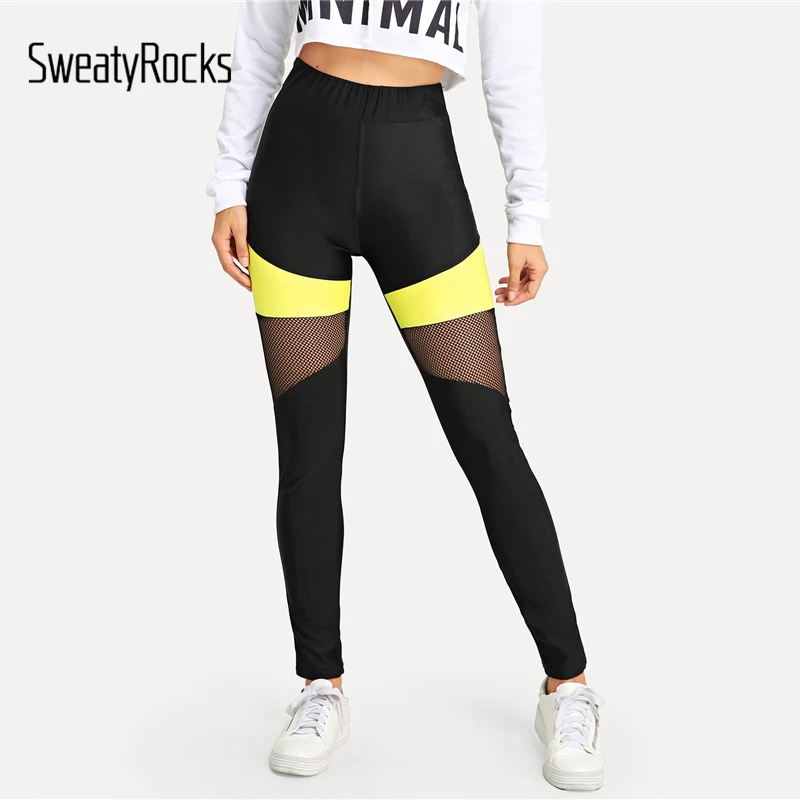 SweatyRocks цветные леггинсы с сетчатыми вставками, леггинсы для активного отдыха, женские обтягивающие леггинсы для фитнеса, Осенние повседневные легинсы для легкой атлетики