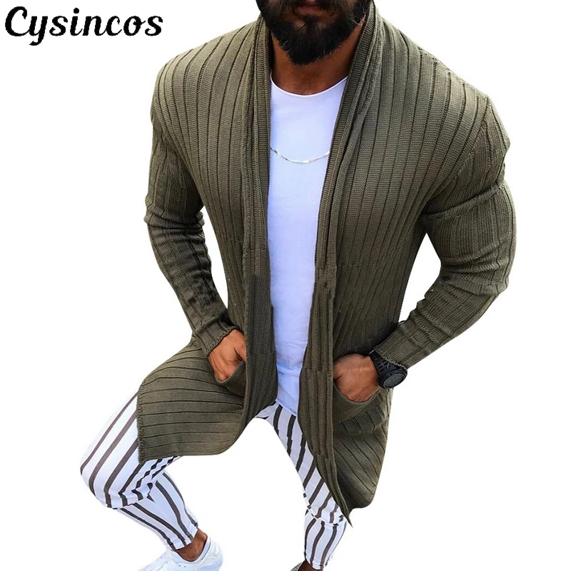 CYSINCOS кардиган для мужчин с длинным рукавом в полоску миди свитер пальто карман