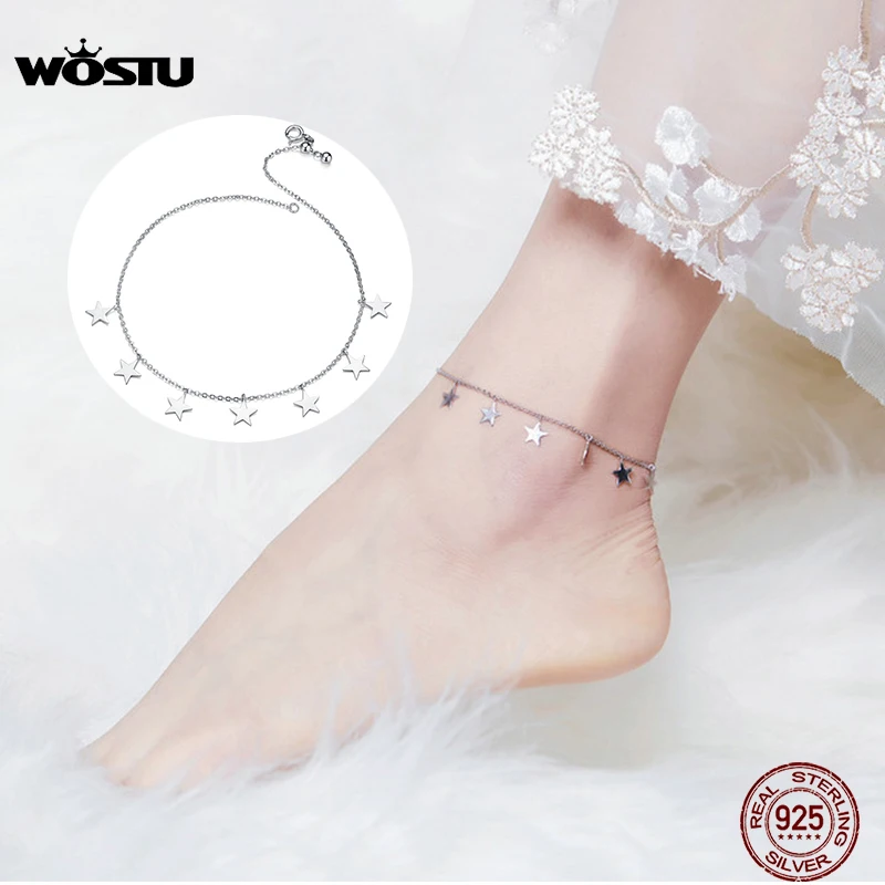Женский браслет на ногу из серебра 100% пробы со звездами|Анклеты| |