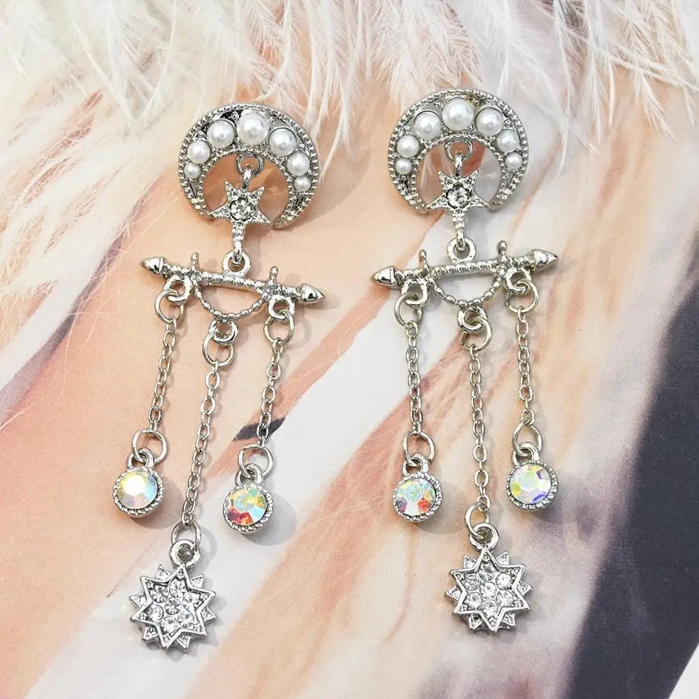

Fashion Rhinestone Crystal Moon Star Charms Earrings Long Tassel Pearl Pendants Earrings For Women Girls Party Jewelry Gifts