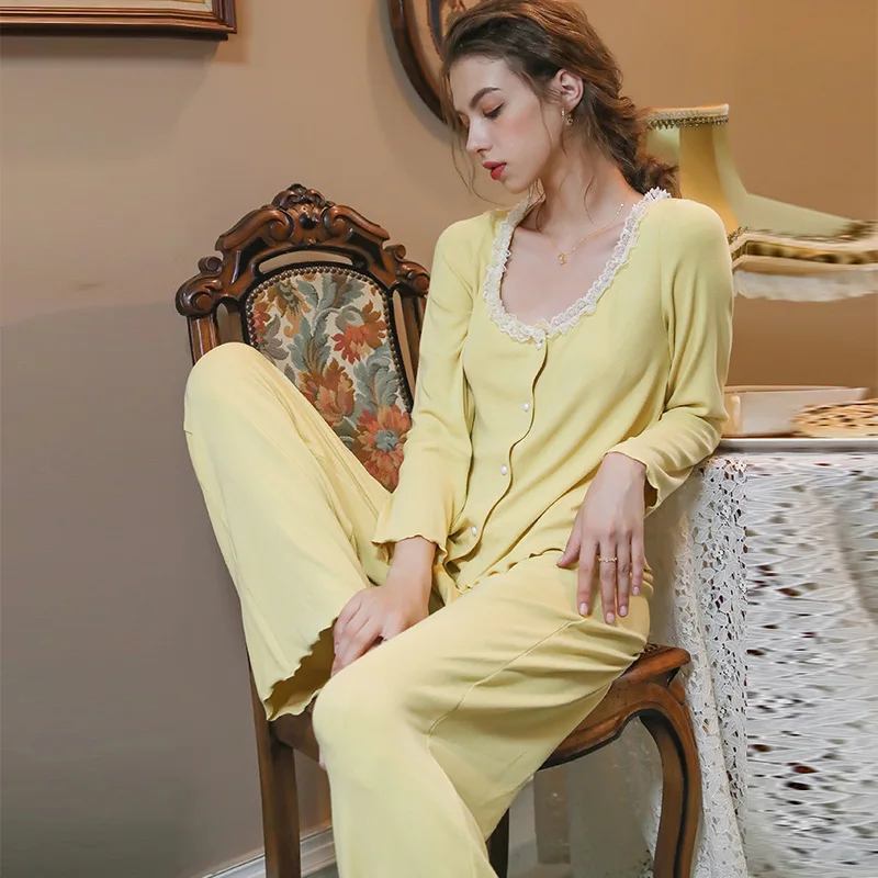 

Pajamas Women Spring Autumn Sleepwear Cardigan Pijamas Simple Beautiful INS Fashion
