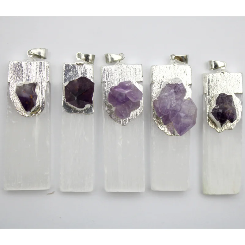 

3PCS Natural Stone Selenite Plaster Amethysts Pendants Rock Mineral Specimen Jewelry Reiki Healing Energy Charms DIY Souvenir