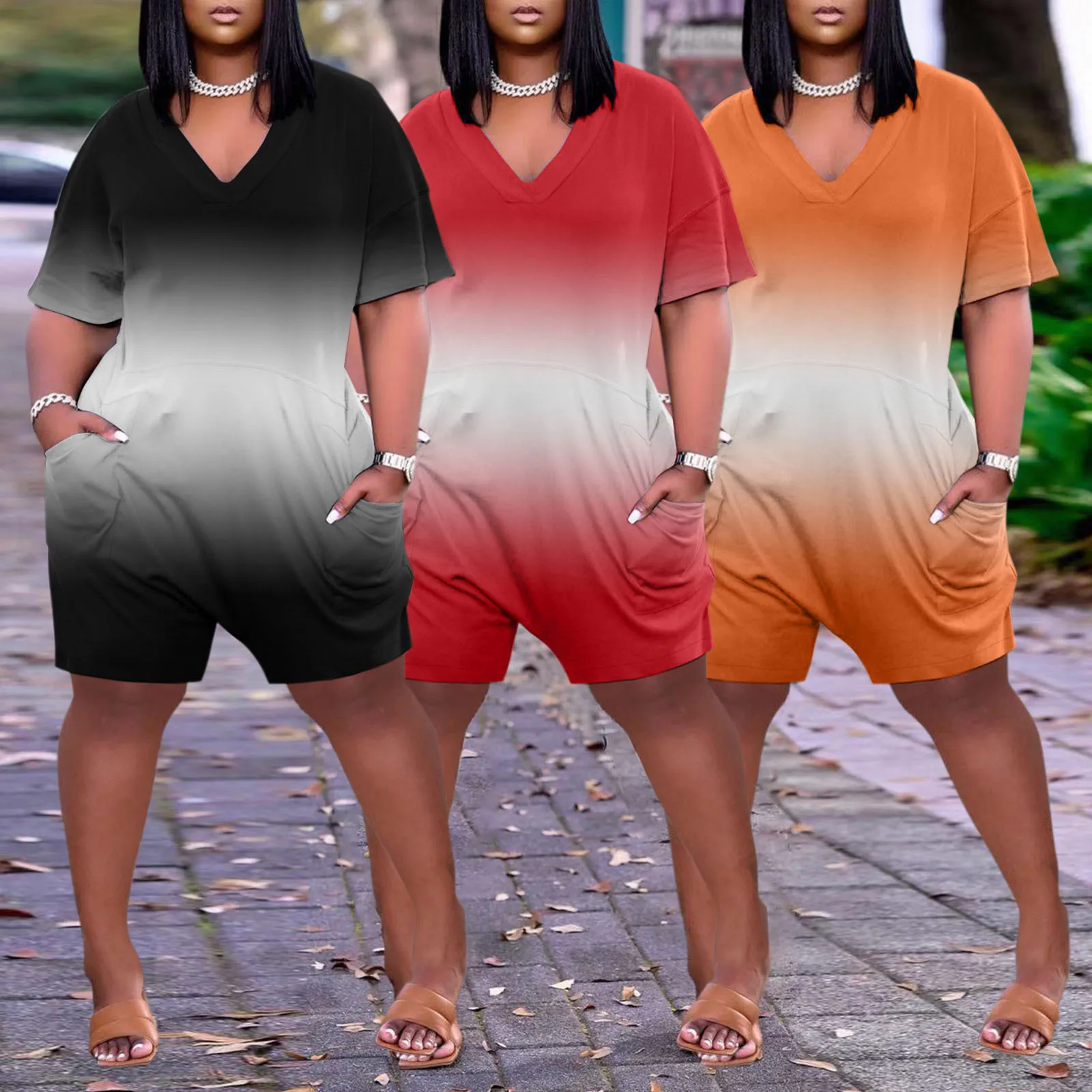 

Женский короткий комбинезон с коротким рукавом, V-образным вырезом и карманами