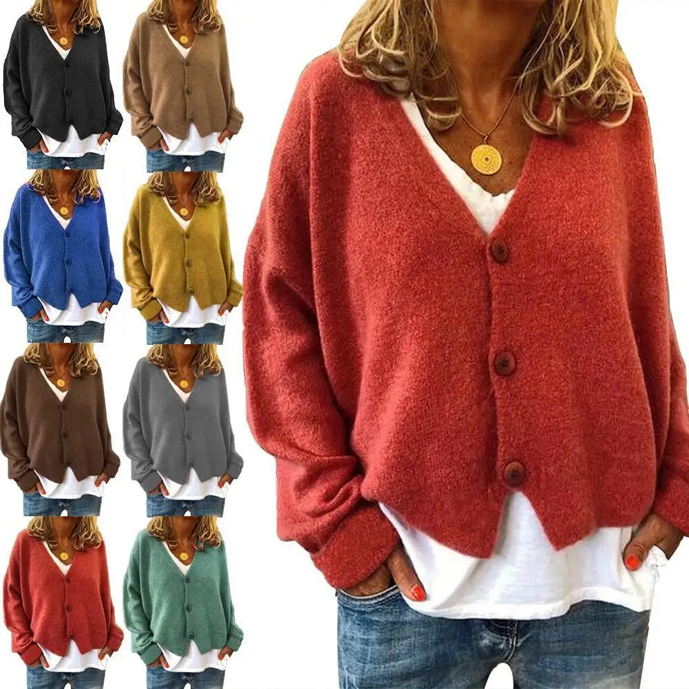

Женский кардиган SHZQ, однотонный яркий Кардиган с длинным рукавом, Осень-зима, женская верхняя одежда, вязаные свитера, кардиган C