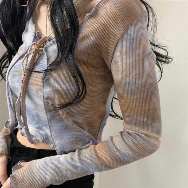 

V-Neck Sexy Women Blouse Long Sleeve Woman Shirt Tie Dye Korean Top Summer 2021 Casual Cotton Lace Up Office Lady Clothes 10372