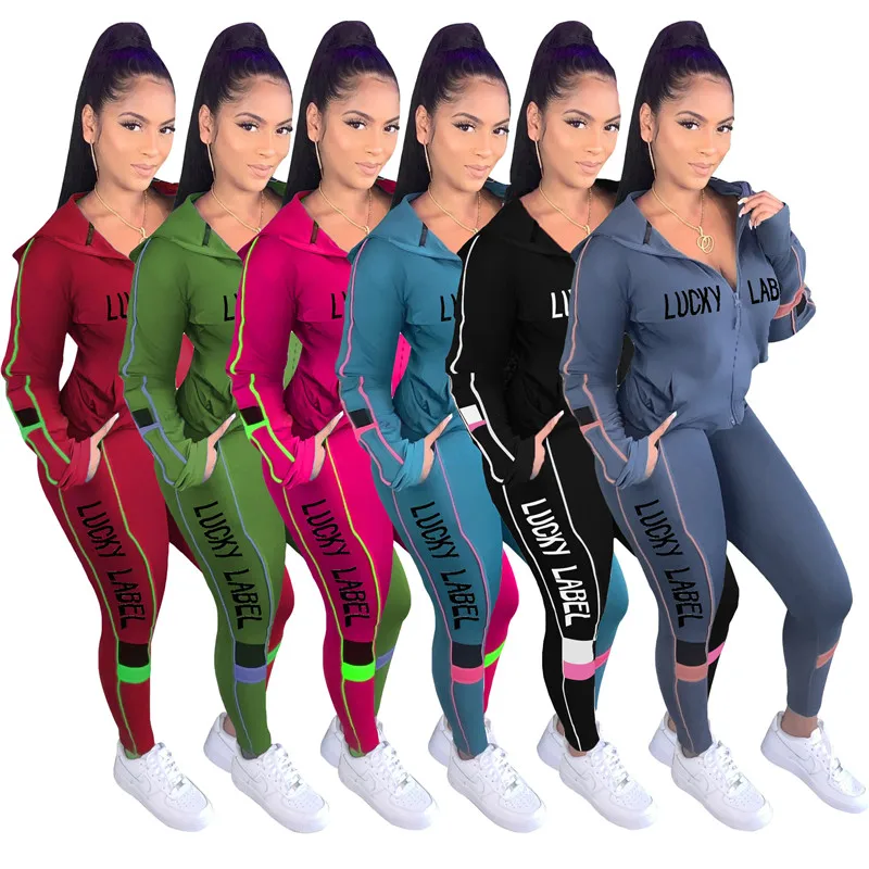 

Lucky Label Two Piece Set Women Fall Clothes Sweatsuit Top Jacket Sport Pants Fitness Outfit Matching Set Wholesale Dropshpping