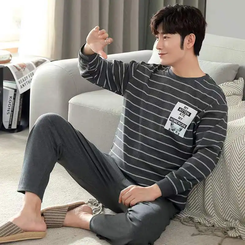Spring Autumn Pajama Set For Men Round Neck  2-Piece Set Long-Sleeved Trousers Lounge Sleepwear Pyjamas Home Clothes Homewear