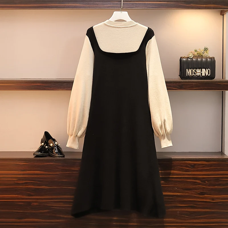 Женское трикотажное платье большого размера с фальш-вставкой средней длины